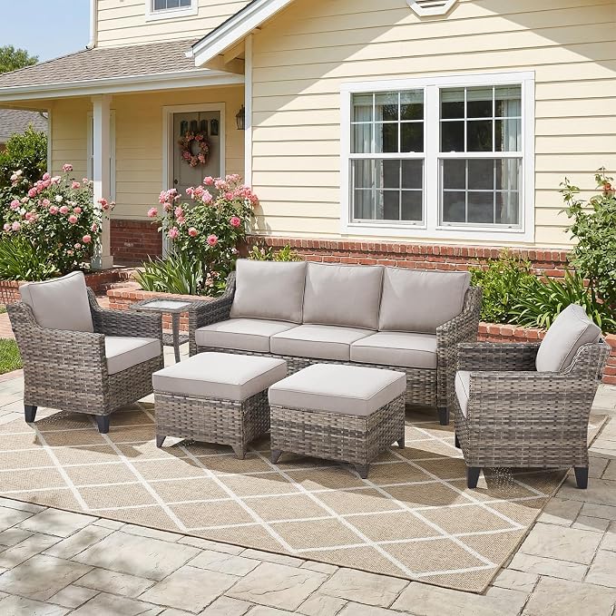 Belord Patio Chairs Set of 2 with 3-Seater Sofa, Outdoor Rattan Chairs for Deck Porch Garden, 6 Piece Luxury Patio Furniture Set, Beige