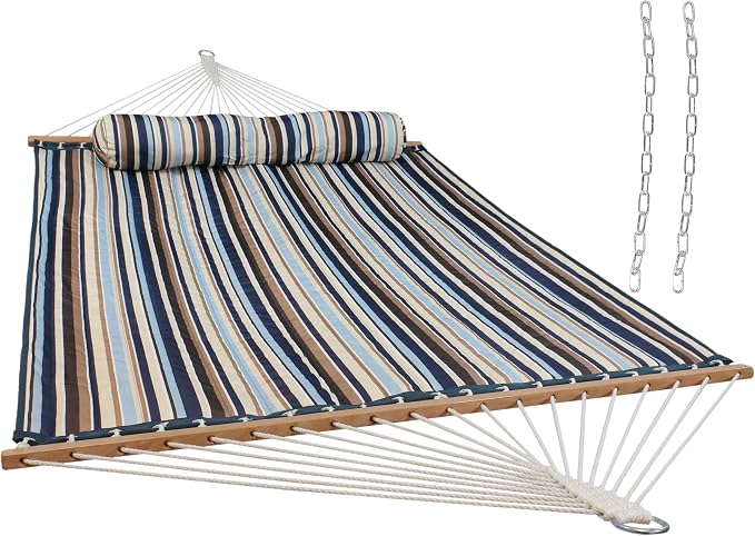 Sunnydaze Quilted Double Hammock for Outside with Spreader Bars and Pillow - 450 lb Capacity, 74x55 Inch Bed, UV Resistant, Quick Dry - Chains Included, Stand Sold Separately - Ocean Isle