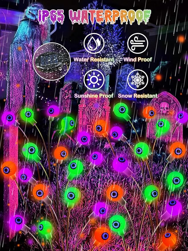 6 Pack Solar Halloween Decorations Outdoor 36 LED Solar Eyeball Lights | Orange Purple Green Halloween Lights, Sway by Wind, IP65 Waterproof, 2 Modes, for Pathway Garden Yard Lawn Horror Party Decor