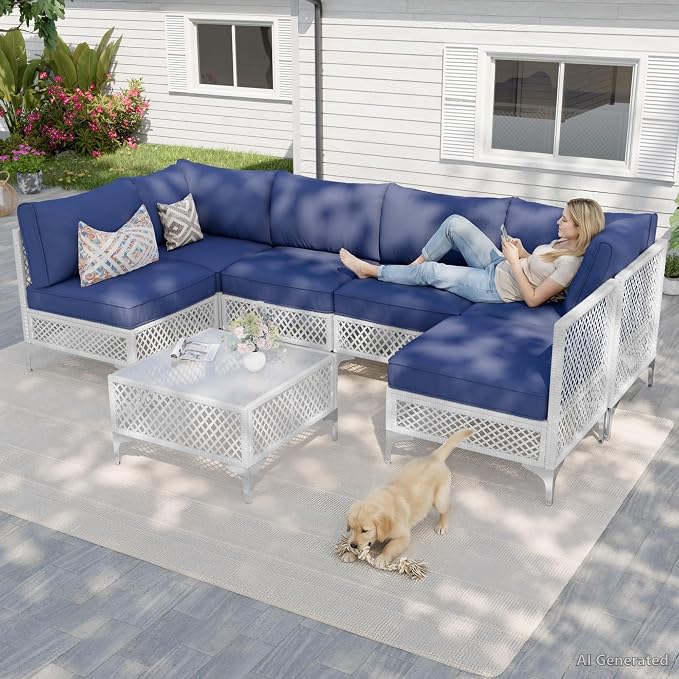 Vikiullf Patio Conversation Set, 7 Piece Outdoor Sectional Sofa Set with Coffee Table, White Wicker with Blue Cushions (White and Blue, 7 piece)
