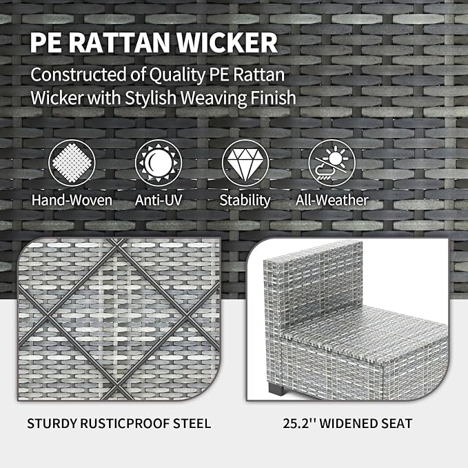 7 Piece Patio Furniture Set, Outdoor Modular Wicker Sectional Couch with Tempered Glass Coffee Table, All-Weather Rattan Conversation Set with Washable Cushions for Backyard, Garden, Deck