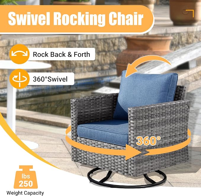 Weaxty 8 Piece Outdoor Sectional with Fire Pit Table, All Weather Wicker Patio Furniture Set with Swivel Rocker Chair Coffee Table, Thick Cushion Couch Conversation Sets for Garden Deck Backyard Blue