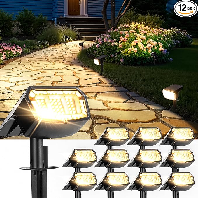 Solar Spot Lights Outdoor Waterproof, Solar Spotlights 12 Pack Warm White | 63 LED 3 Lighting Modes Solar Landscape Spotlights for Yard, Garden, Backyard, Driveway, Pathway, Wall, House, Garage
