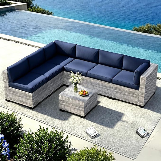 YLGJ&TIDY 7-Piece Outdoor Sectional Patio Furniture Set, All-Weather Wicker Rattan Sofa w/Thick Washable Cushions & Tempered Glass Table, Perfect for Garden, Poolside, Backyard (7, Gray White&Blue)