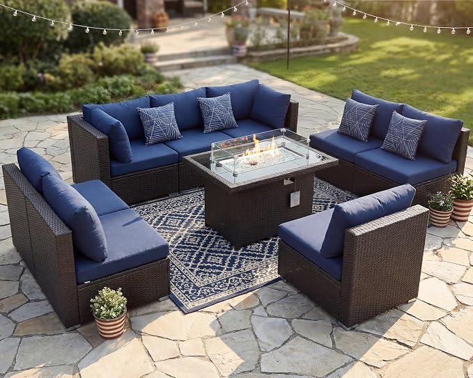 NICESOUL Large Size 9 Pcs Outdoor Patio Sectional Sofa Set with Firepit Natural Gas/Propane, 29.3'' High Back Conversation Sectional Couch Sets Deep Wide Sitting, Brown Rattan and Navy Blue Cushion
