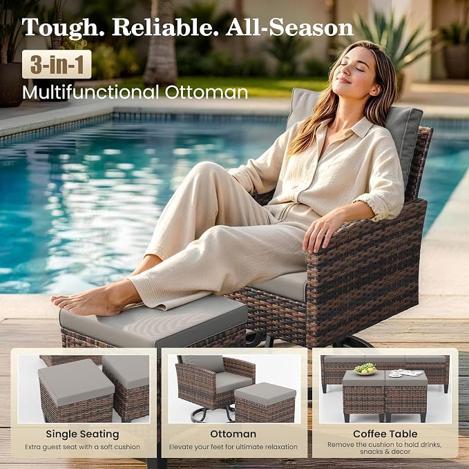 Amopatio Patio Furniture Set with Fire Pit Table,7 Pieces Conversation Sofa with 360° Swivel Chairs, All Weather Wicker Outdoor Furniture for Backyard Garden Pool Deck,Grey