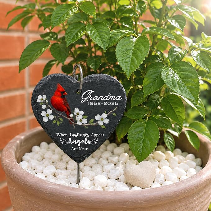 Memorial Garden Stones for Loved Ones, Red Cardinal Garden Stones in Memory of Dad Mom, Bereavement Sympathy Gift for Loss, Weatherproof Outdoor Memorial Plaque Stone, Remembrance Natural Stone