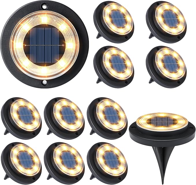 Solar Lights Outdoor Waterproof，Warm White 12 Pack 2-in-1 Ground Lights | Solar Powered Lights Outdoor Solar Disk Light Landscape Light for Deck Step Patio Yard Pathway Walkway Driveway Garden