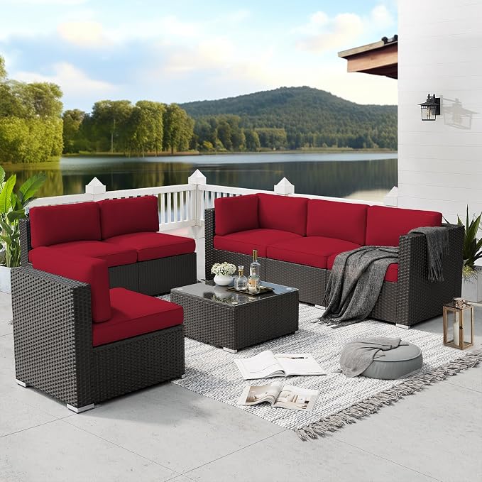 SUNCROWN 7-Piece Outdoor Patio Furniture Sofa Set All-Weather Wicker Sectional Conversation Set with Modern Glass Coffee Table and Cushions, Backyard, Garden, Red