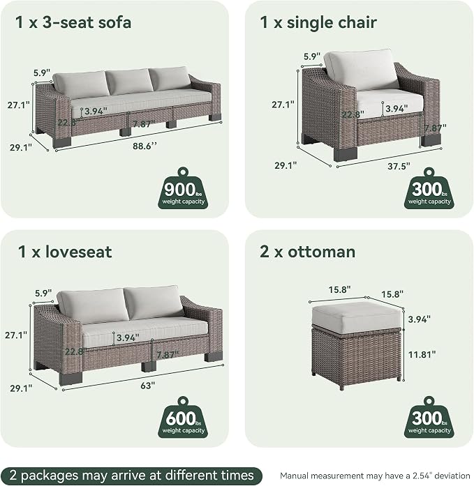 8 Piece Patio Furniture Set, Wicker Patio Conversation Set with 5.9" Wide Armrest, Waterproof Cushions & Ottomans with Modular Outdoor Couch for Backyard, Deck, Garden