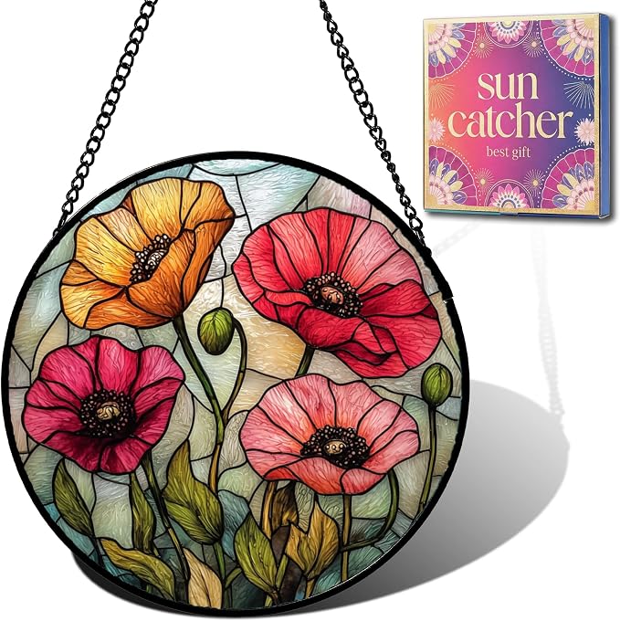 Floral Theme Gifts for Mom - Poppy Flower Faux Stained Glass Window Hanging Sun Catcher for Door Garden Acrylic Decor Mother's Day Birthday for Women Nana Friend Men Grandma 9.8"