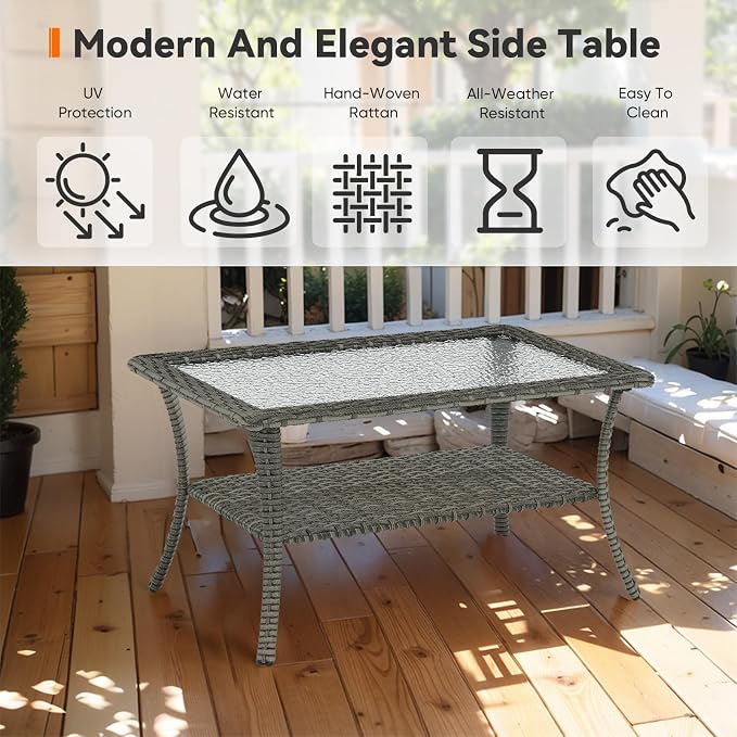 Outdoor Coffee Table - Patio Rattan Wicker Coffee Table with Tempered Glass Top and 2-Tier Storage Outdoor Table for Deck Porch Balcony Garden - Grey