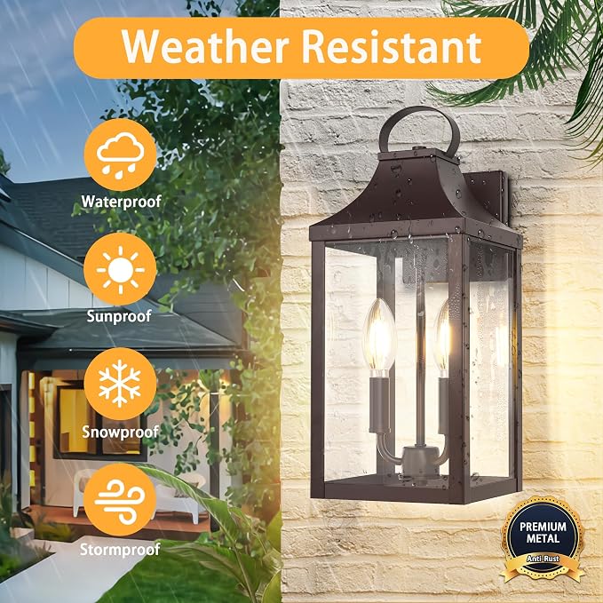 15" Dusk to Dawn Outdoor Wall Lantern 2-Light, Brown | Outside Modern Wall Sconce Light Fixture, Porch Light Wall Mount with E12 Sockets, Waterproof Exterior Lamp Lighting