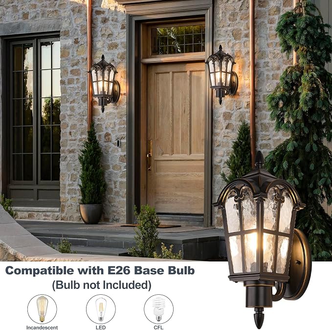 16’’ Large Outdoor Wall Light Fixtures, Exterior Wall Lantern Sconces | Waterproof, Rust-resistant, Matte Black with Gold Trim, Water Ripple Glass, Quick & Easy Installation, Retro & Traditional