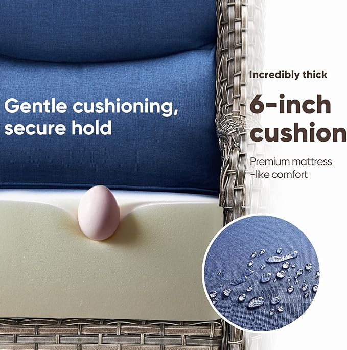 Swivel Patio Chairs Set of 2 with 6" Thick Cushion - Wicker Outdoor Swivel Rocker Patio Set, High Back Comfortable Outdoor Glider Chairs 360° Rotation Glider Gray Wicker - Blue Cushion