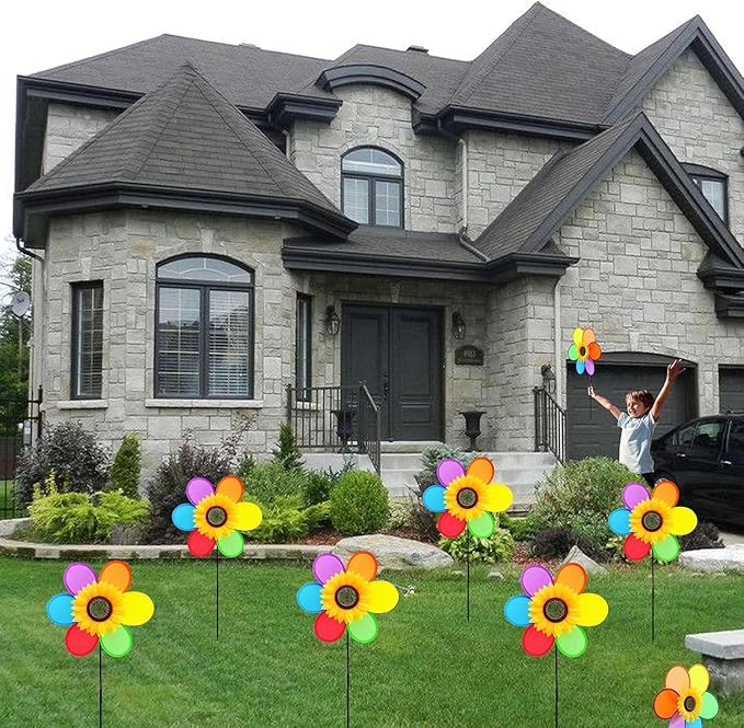 Sunflower Pinwheels Outdoor Wind Spinners Yard Garden, Lawn Pinwheels Bulk Colorful Flower Windmill Decorative (3 pcs)