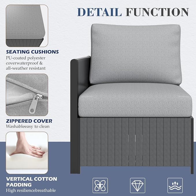 MELLCOM 7 Pieces Patio Furniture Set, Modern Sectional Sofa, All Weather Outdoor Conversation Set with Cushions & Table, Gray
