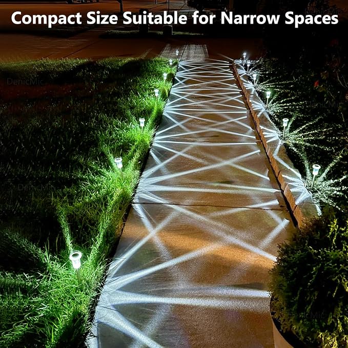 DenicMic Solar Lights Outdoor Waterproof 10 Pack Pathway Lights Cool White | Stake Lights for Yard Garden Driveway Walkway Outside Landscape Path Lights, Auto On/Off 6000K LED, Stainless Steel Pole