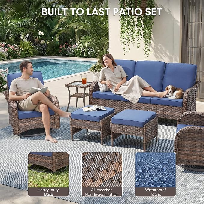 Patio Furniture Set - 7 Pieces All Weather Wicker Outdoor Furniture with 2 Swivel Chairs, 2 Ottomans, 1 Sofa, Side Table and Fire Pit Table, Ergonomic Design for Porch, Deck, and Backyard(Blue)
