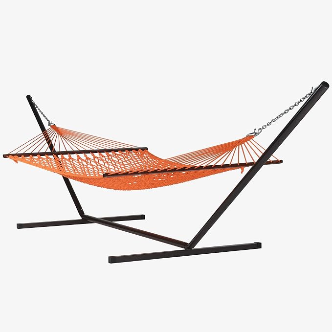 Jumbo Caribbean Rope Hammock and Metal Tri Beam Stand Mocha (Orange)