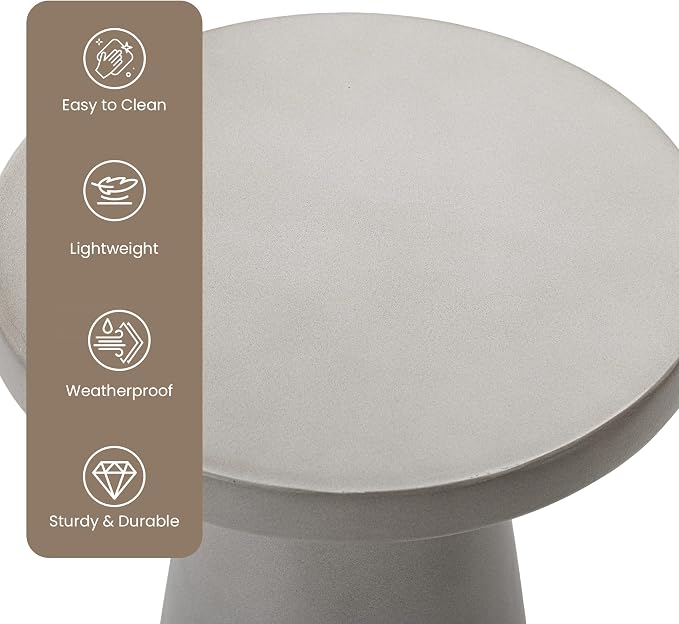 HOMPUS Outdoor Side Table Large, Concrete Side Table Faux Stone Cone Shaped, Patio Round Accent Table, Lightweight MgO Tall Coffee Table Garden Tool for Home Decor, Porch and Deck, Grey