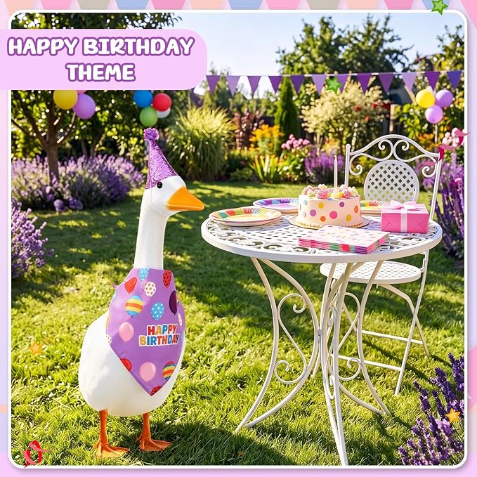 Happy Birthday Goose Outfit with Glitter Hat and Bandana,Purple | for 23" 17" Cement Plastic Porch Goose, Outdoor Statue Patio Yard Lawn Art