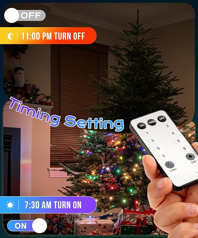 99ft 100 LED Christmas Fairy Lights, 8 Modes Remote Timer,Multicolor | Vivid red, green, blue & yellow glow for indoor or outdoor use; perfect for bedroom, Halloween tree & party decor.