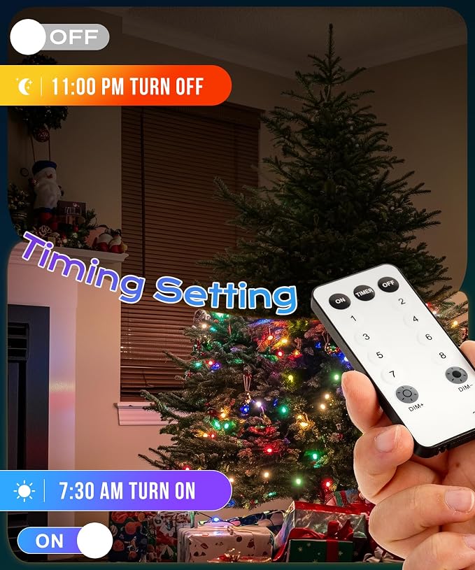 33ft 100 LED Christmas Fairy Lights, 8 Modes Remote Timer,Multicolor | Vivid red, green, blue & yellow glow for indoor or outdoor use; perfect for bedroom, Halloween tree & party decor.