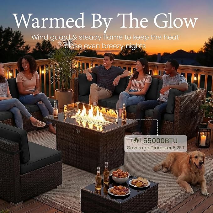 LayinSun 8 Piece Patio Furniture Set with 44" Propane Gas Fire Pit Table, Outdoor Sectional Conversation Set Wicker Rattan Sofa Set with Coffee Table