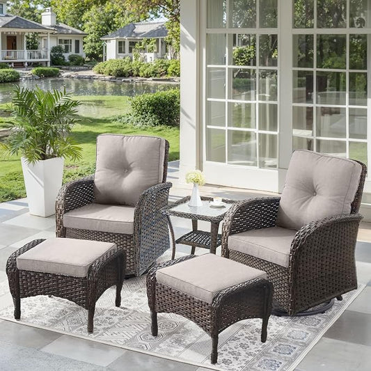 5 Pieces Outdoor Wicker Patio Furniture Set-High Back Outdoor Rocking Chairs Set of 2 with Ottoman Patio Conversation Sets for Deck Lawn Porch Balcony Poolside-Brown/Beige