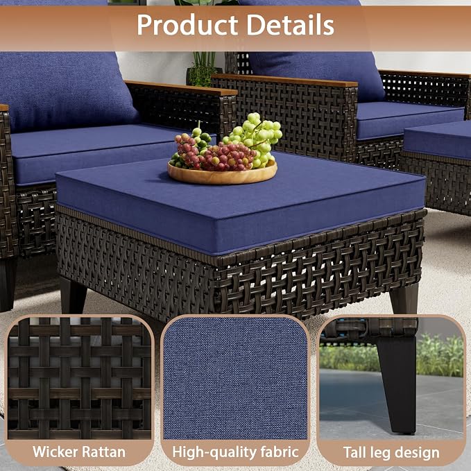 7 Piece Patio Sectional Sofa Furniture Set, All-Weather Wicker Rattan Outdoor Conversation Set with High Back and Hick Cushions, for Garden, Porch, Poolside, Blue