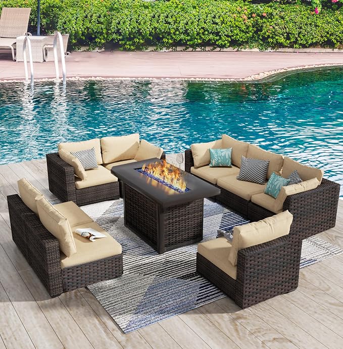 Grezone 9 Piece Patio Furniture Set with 44" Fire Pit Table, Outdoor Sectional Couch, PE Rattan Patio Conversation Sets with 4inch Cushions for Backyard Beige