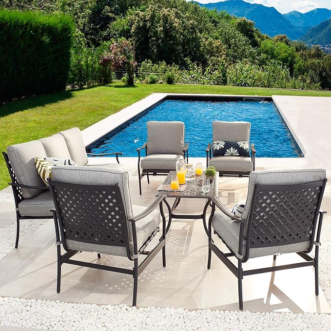 Patio Conversation Set 6 Pieces Cushioned Outdoor Metal Furniture Sets with All Weather Galvanized Steel Frame (Grey)