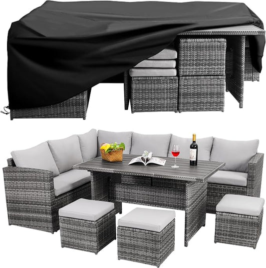 Wumiokio Patio Furniture Set, 7 Pieces Outdoor Patio Furniture with Dining Table&Chair, All Weather Wicker Conversation Set with Ottoman,Grey (Include Sofa Dust Cover)