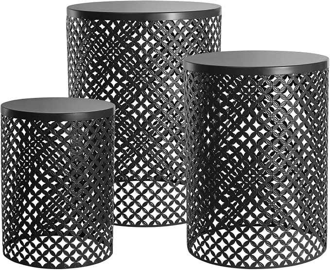 Nesting Tables Set of 3, Outdoor Side Table, Metal Frame Accent Table for Gardens, Balconies, bedrooms, Living Rooms, Kitchens, cafes, Black