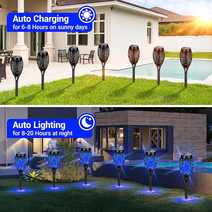 10 Pack Outdoor Solar Lights Blue Flickering Flame Solar Torch Lights | Realistic Flame Effect, IP65 Waterproof & Auto On/Off, Upgraded LED Torches for Outside Patio Yard Garden Pathway Decor