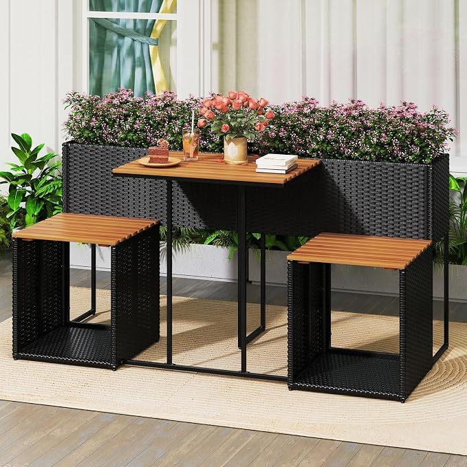 RELAX4LIFE Patio Furniture Set with Raised Garden Bed, Wicker Rattan Elevated Planter Table w/2 Chairs, Slatted Acacia Wood Top & Bottom Storage, Outdoor Conversation Set w/Planter Box for Herb Flower