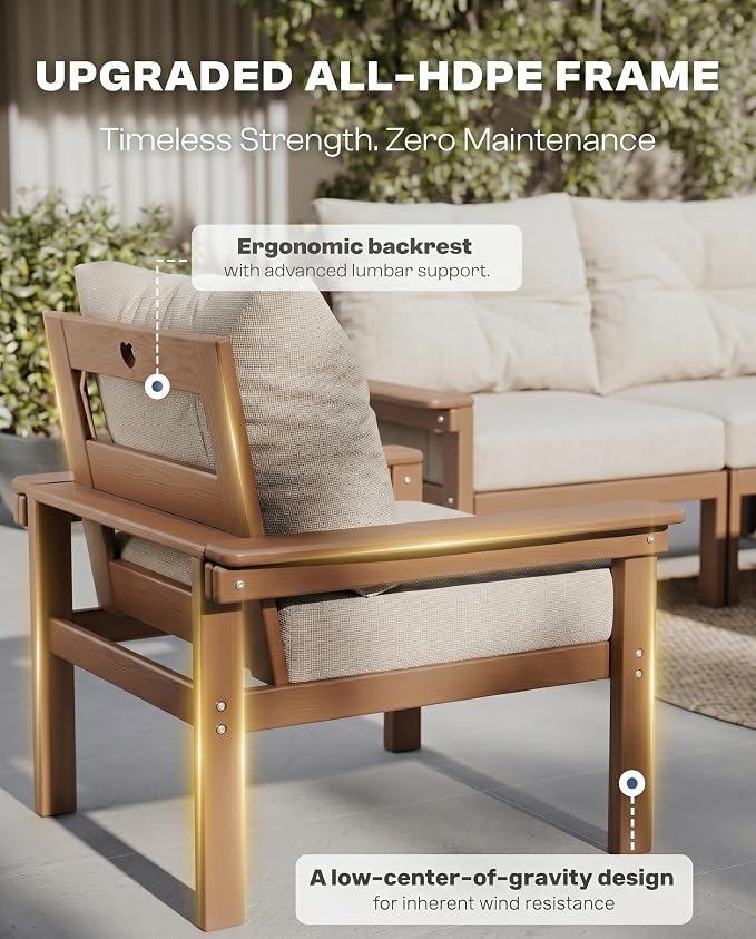 HDPE Outdoor Patio Furniture Set, 10-Piece Patio Conversation Set with 3-Seat Sofa, 4 Armchairs, 2 Side Tables & 1 Coffee Table, All-Weather Outdoor Sofa Set for Deck, Porch, Garden (Teak Frame)