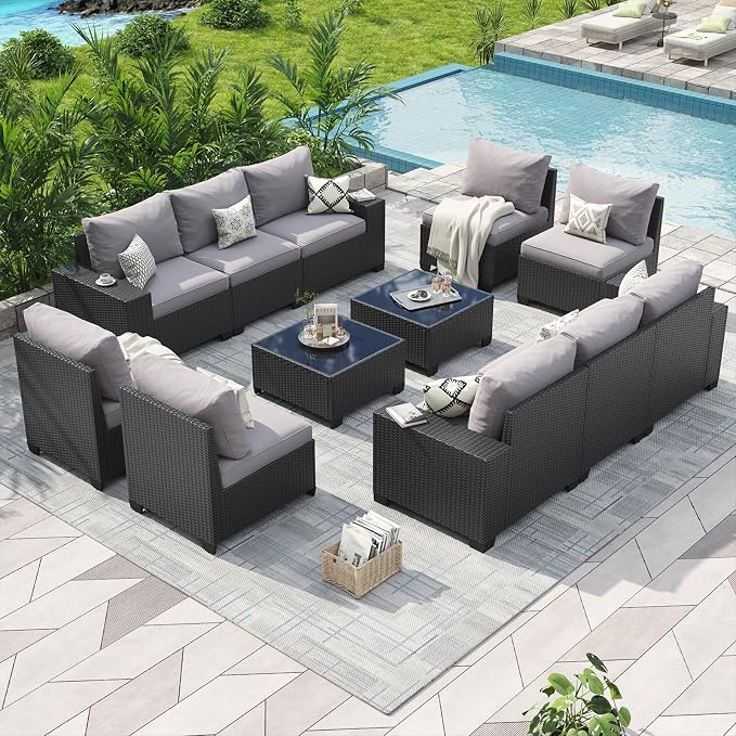 Aoxun Patio Furniture Set, 12 Pcs Outdoor Patio Furniture Sets with 4 in Thicken Cushion, Widen Armrests Wicker Outdoor Sectional for Backyard & Garden, Grey