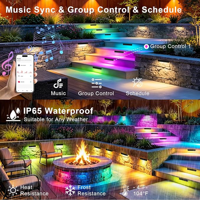 8 Pack 7 Inch RGBCW Retaining Wall Lights, Smart APP/Remote Control | 2700K-6500K RGB Color Changing LED Hardscape Lighting, 5W 500LM 12V AC/DC Low Voltage Outdoor Landscape Light for Step, ETL