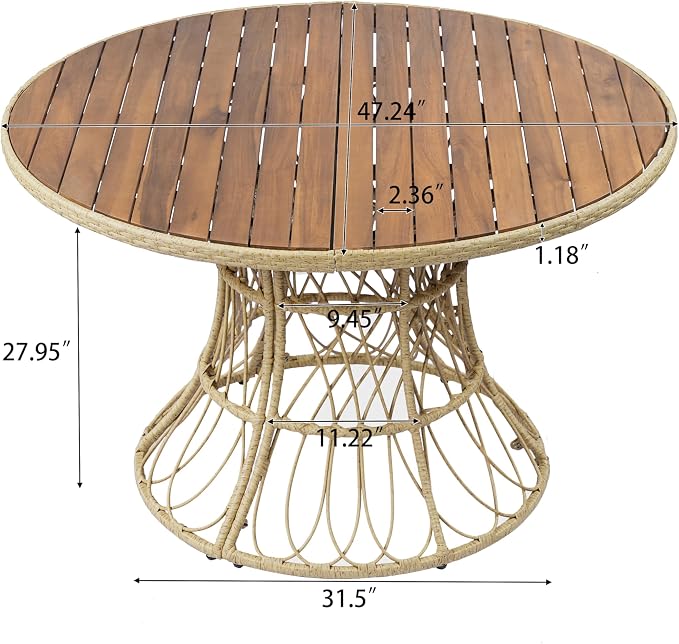 IRONORA Natural Acacia Wood Top Round Patio Dining Table, Woven Rattan Hourglass Base Outdoor Bistro Table, 4-6 Person Wooden Slatted Top Table for Backyard Balcony Garden Coastal Decor
