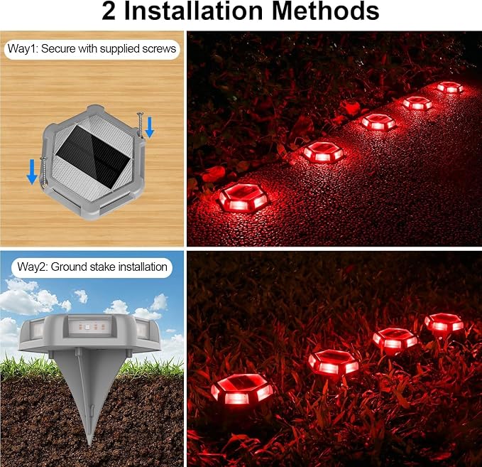 Solar Dock Lights Driveway Deck Lights - 24 Packs Waterproof Outdoor LED Aluminum Dock Lighting Warning Step Light for Driveway Sidewalk Garden Pathway Yard (Red)