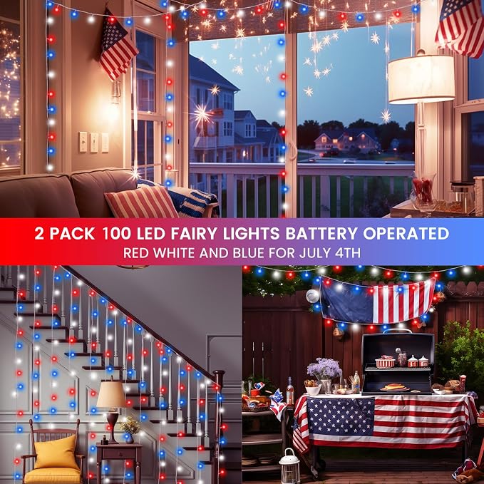 2 Pack 100LED Red White and Blue Lights Battery Operated, Fairy Lights | 33FT 4th of July String Lights with Timer, 8 Modes Waterproof Patriotic Twinkle Light Outdoor for Independence & Memorial Day