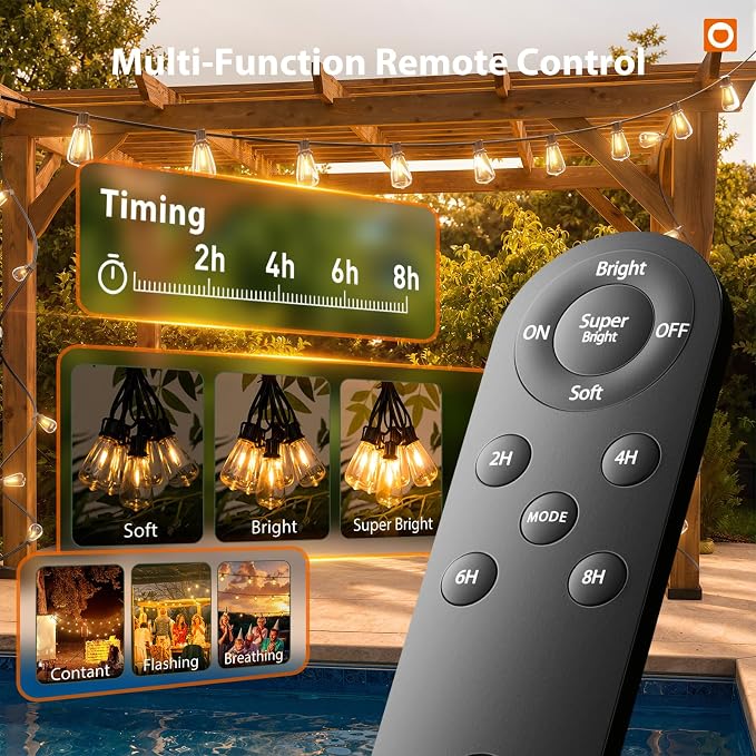 addlon 72FT Solar String Lights Waterproof with Remote & USB, Patio Lights | Solar Powered with Dimmable LED Shatterproof Bulbs, Outdoor Lighting for Camping Backyard Garden