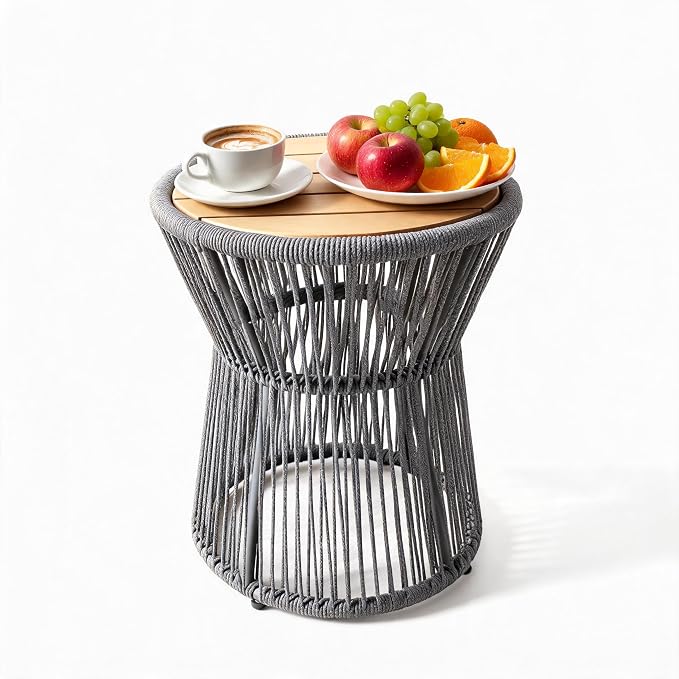 PeakPursuit Outdoor Side Table, Small End Table with Wooden Top, Woven Rope Round Coffee Tables for Patio Balcony Poolside