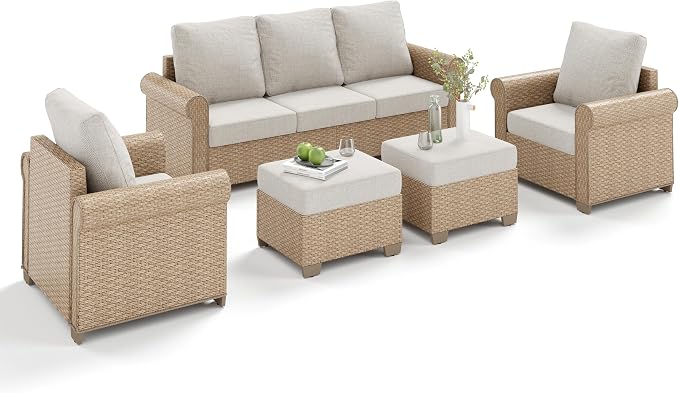 MIXPATIO Patio Furniture Set 5 pcs, Wicker Outdoor Patio Furniture, 3-Seat Sofa, 2 Single Chairs and 2 Ottomans, Rattan Patio Conversation Set for Backyard Deck, Beige