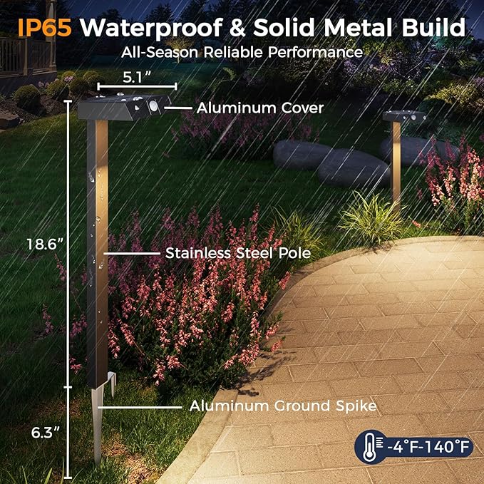 XMCOSY+ Solar Pathway Lights with Motion Sensor 6 Pack, 300LM Solar Lights | IP65 waterprppf, 3 modes landscape lighting for garden, backyard, outside, path, all-metal housing (warm/cool white)