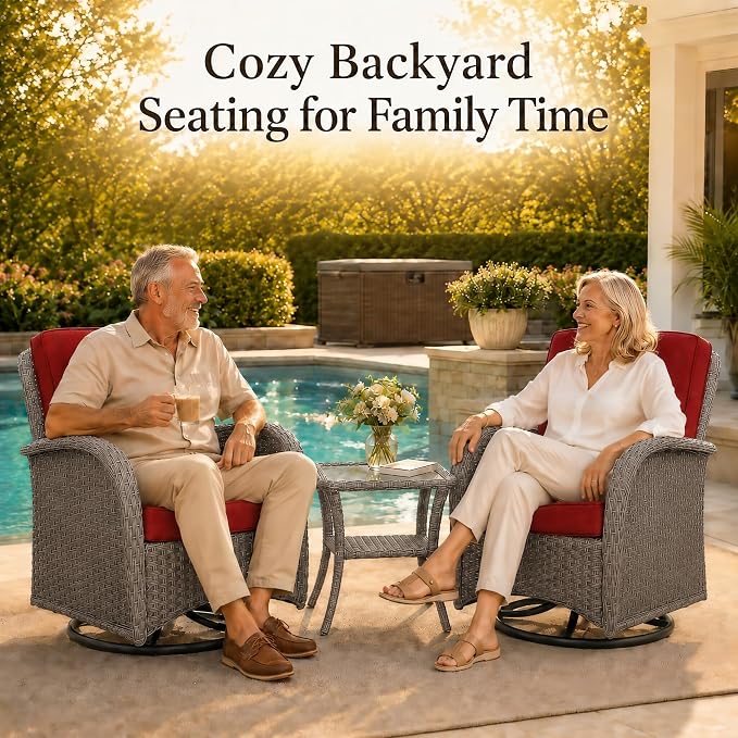3-Piece Wicker Patio Bistro Set, 2-Pack Swivel Rocking Chairs, Grey/Red | 2-pack chairs, 360-degree swivel, Olefin fabric, removable covers, 4-inch cushions, 2-tier side table, porch use