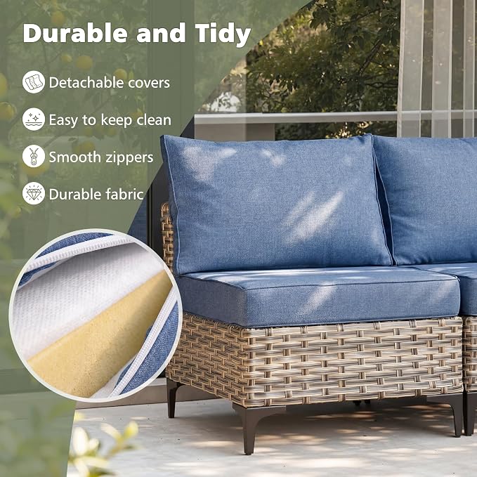 CAODOC Outdoor Sectional Patio Furniture Set,8 Pieces Wicker Conversation Sets L Shaped Couch,Out Door Sofa Outside Furniture with Swivel Chairs,Light Blue