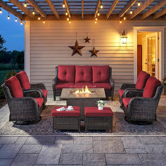 8 Piece Patio Furniture Set with 41" Fire Pit Table - Patio Conversation Set with 4 Inch Thick Cushions and Deep Seating Swivel Glider Chairs Set of 4 & Outdoor Couch for Porch Deck Yard Pool